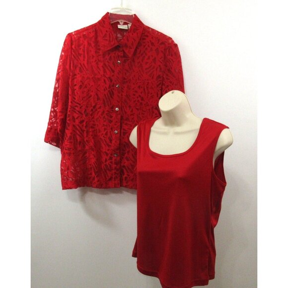 VTG White Stag 2-pc Semi Sheer Button Front Blouse w/Tank Large 12-14 Red Career - Picture 4 of 9